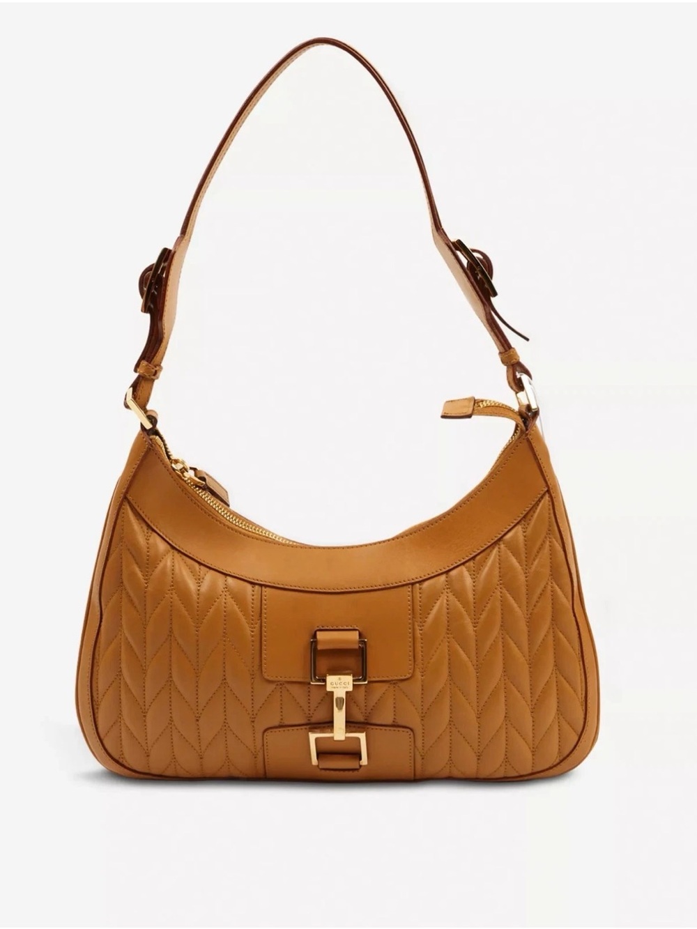 Gucci Tan Leather Quilted Shoulder Bag Gold Hardware Hobo Purse Italy